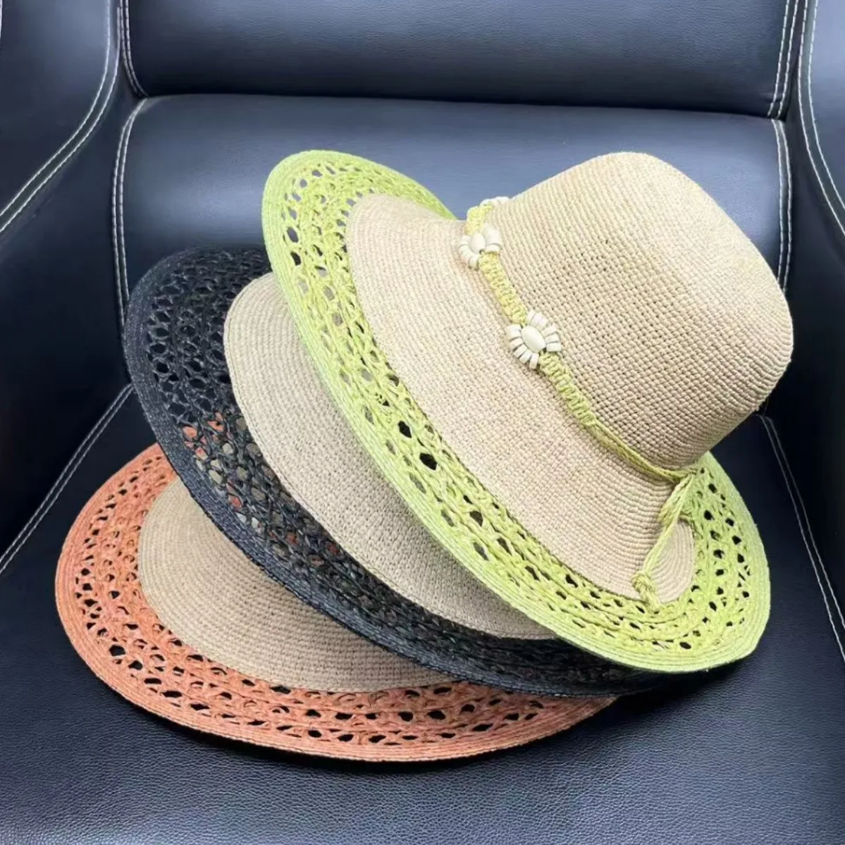 2026年夏-ラフィア麦わら帽子-ビーチ-レディース-海辺-パナマ風-サンハット-バケーション-チェーン付き-大きなつばの麦わら帽子-手作り帽子