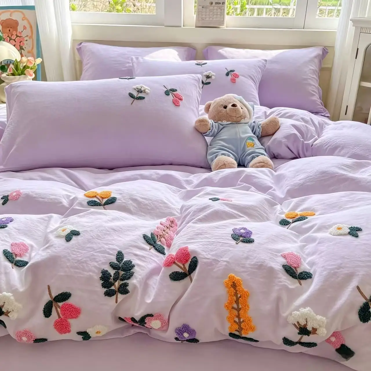 Premium INS Aesthetic Towel Embroidery Bedding Set - Soft 3/4 Piece Dorm Bed Linen with Fitted Sheet & Duvet Cover