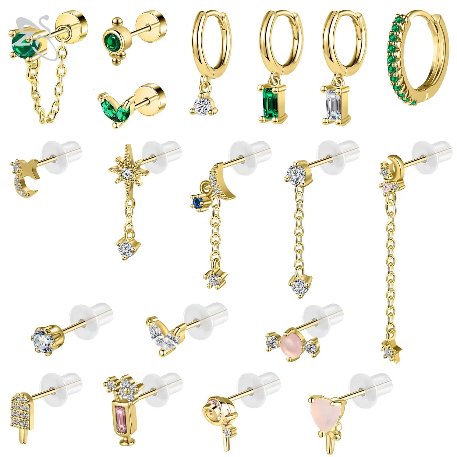 ZS 3-6Pcs/lot Star  Stud Earrings Stainless Steel Ear Studs Green Crystal Cartilage Earrings for Women Gold Color Helix Piercing