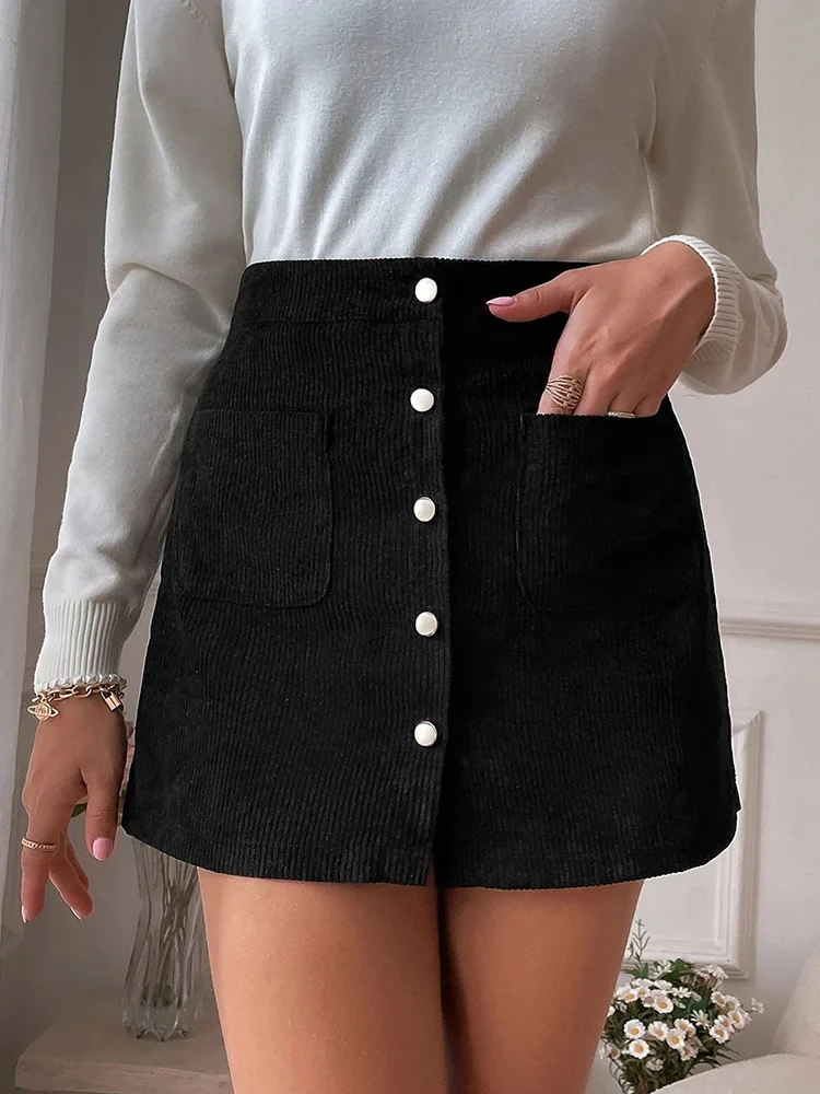 Corduroy Buttocks Short Elegant Autumn Winter Women Skirt Pockets New High Waist Slim Style Hip Wrap Single Breasted