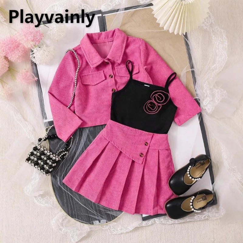 

Модный комплект для девочек из 3 предметов: весенне-осеннее пальто с длинными рукавами цвета розовой розы + черный топ на бретельках + плиссированная юбка, детская одежда X0823