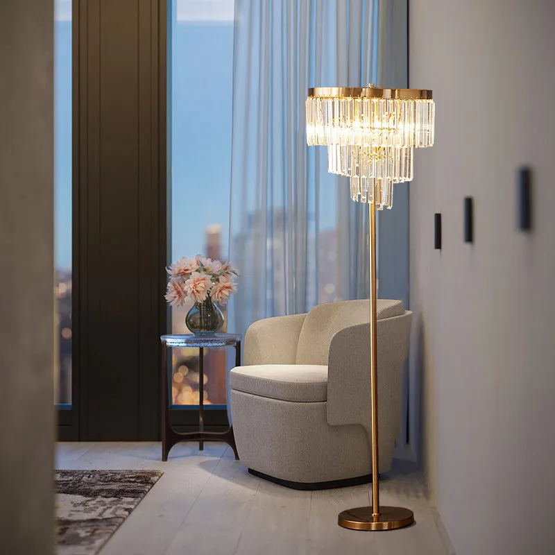 American Luxury Floor Lamp Designer Crystal LED Standing Light Living Room Sofa Bedroom Headboard