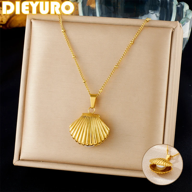 

DIEYURO 316L Stainless Steel Golden Sea Shell With Pearl Pendant Necklace Lady New Trend Summer Beach Neck Chain Jewelry Gift