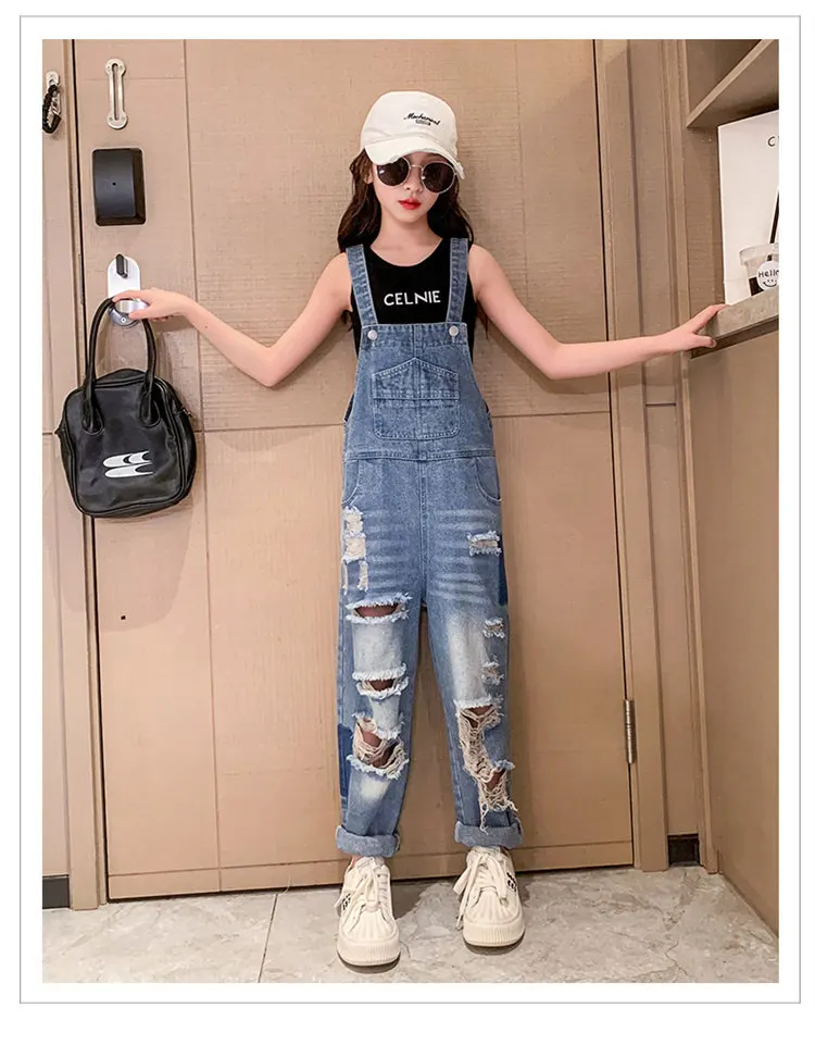 Cooler Overall mit Löchern für Mädchen, Sommermode, zerrissene Jeans-Latzhose, Kinder-Streetwear, abgenutztes Kostüm, 4 5 6 8 9 10 12 14 Jahre – Detail 7