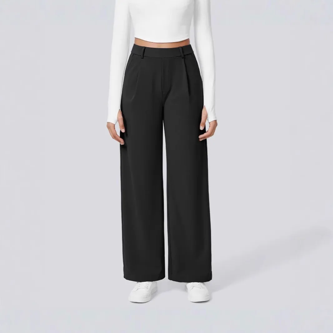 Black High Waist Full Length Pants Thin Straight Leg Patchwork Trousers White Wide Leg Pleated Front Slacks Navy Flat Front