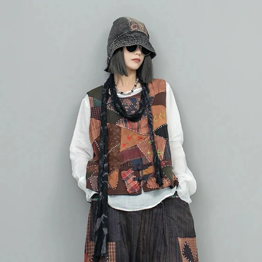 Patchwork Hand Embroidered Old Fabric Double Layered Vest Women Spring Summer LX1036F1