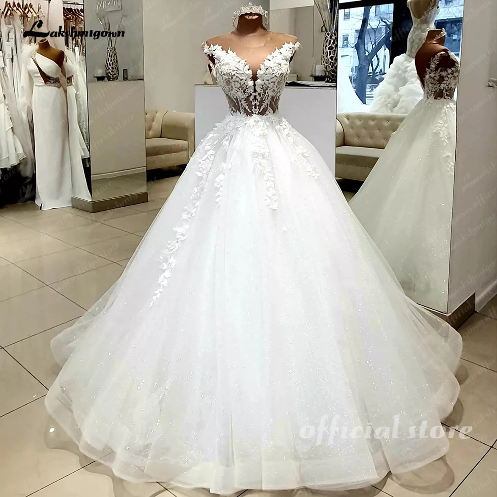 Lakshmigown Classic Glitter Wedding Gown For Bride Illusion 3D Lace Appliques A-LINE Wedding Dress Abito Da Sposa Customized