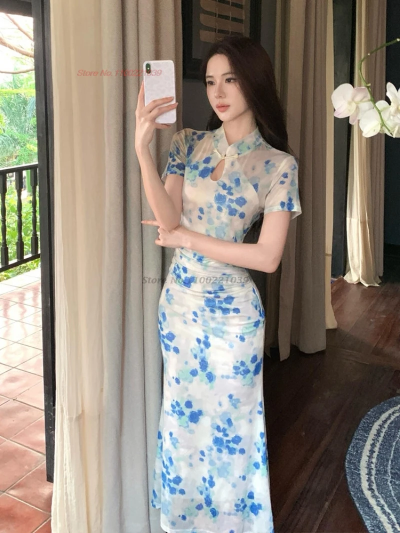 

2026 китайское сексуальное вечернее платье-ципао для ночного клуба, традиционное платье-чонсам с цветочным принтом и сетчатыми вставками, банкетное платье, винтажное платье-русалка.