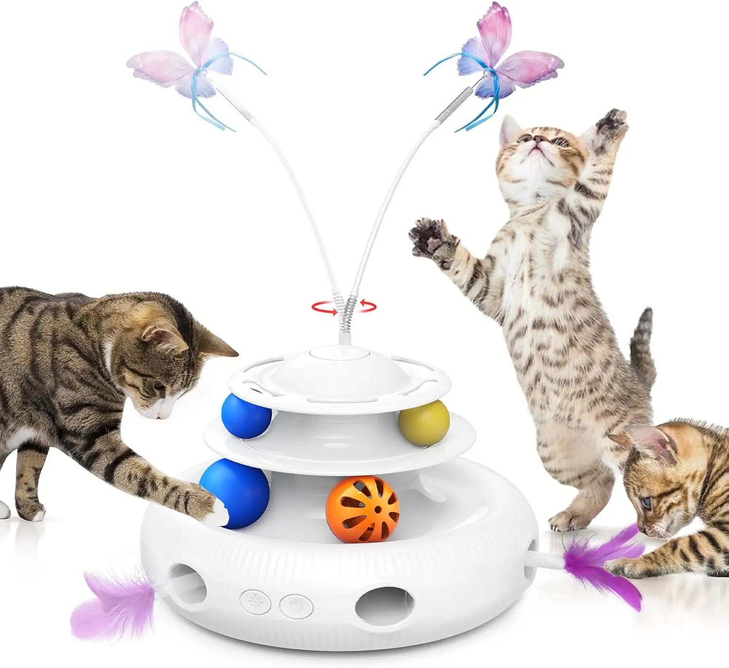 

Cat Toys, 4-in-1 Rechargeable Automatic Interactive Cat Toy with Fluttering Butterfly, Random Moving Ambush Feather