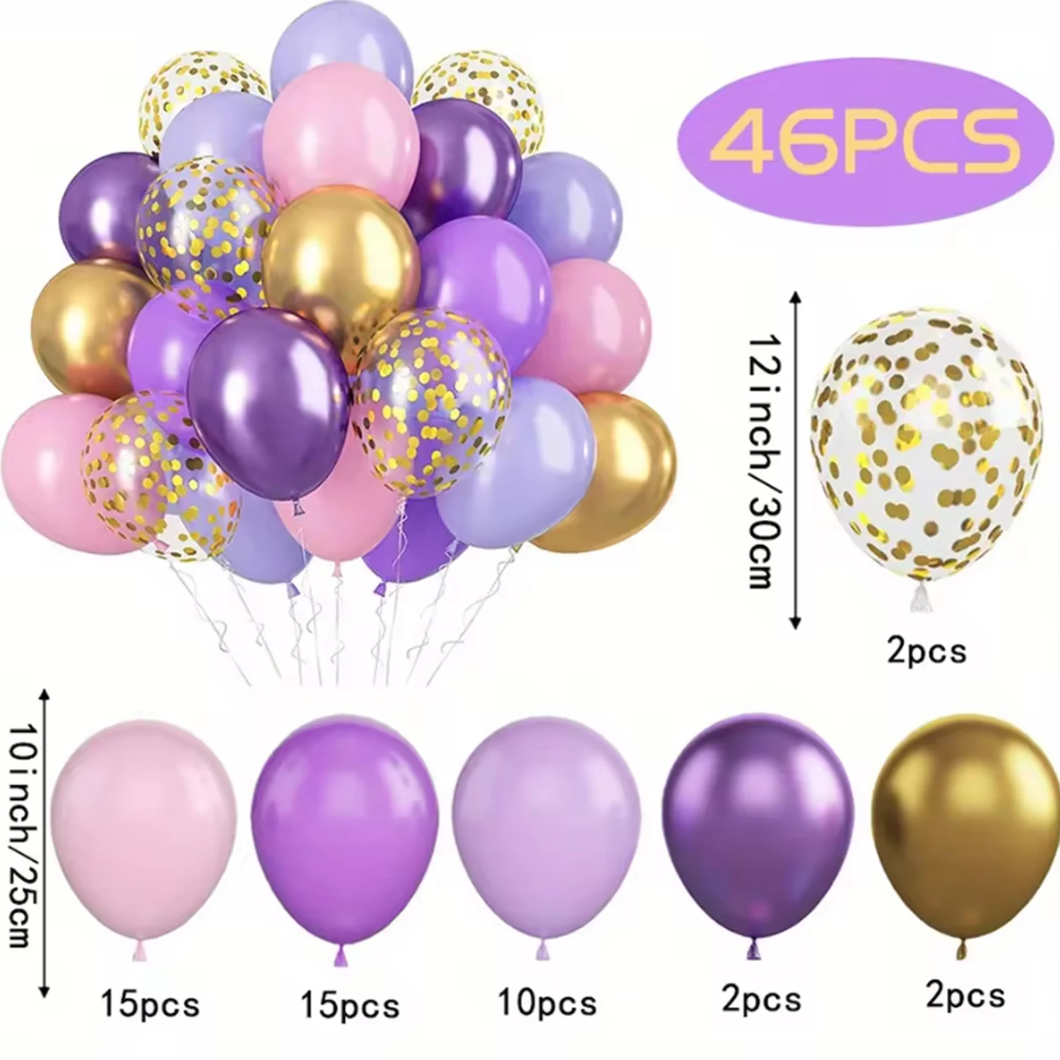 46-teiliges Ballon-Set im „Märchenstil“ in sanftem Lila und Rosa – 10/12 Zoll Metallgoldfarbene Papierballons und Latexballons – Detail 2