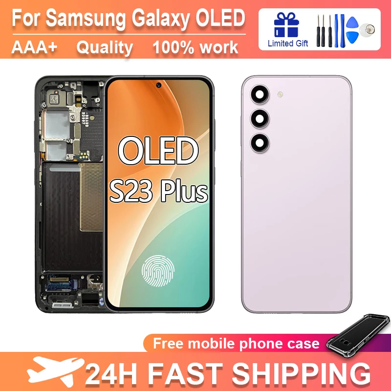 

100% OLED Display For Samsung S23 plus 5G Display No defects Touch Screen Digitizer S23+ Frame LCD S916 S916B S916U Replacement