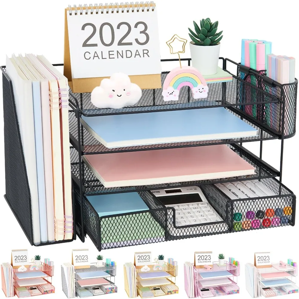 

desk organizer and accessories, 4-tier desktop file organizer with drawer and 2 pen holders, office desk accessories for office