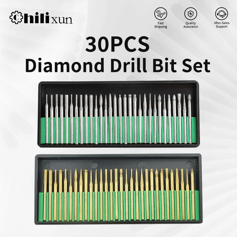

HILIXUN Diamond Drill Bit 30pcs 2.3mm 3.0mm Shank Diamond Burs Drill Bit Set for Dremel Electric Grinder Abrasive Tools File