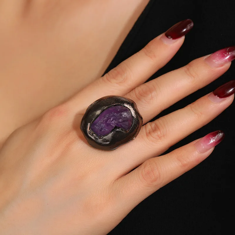Creative Purple Crystal Irregular Natural Stone Retro Style Adjustable Open Ring Fashion Luxury Couple Style Jewelry Accessories
