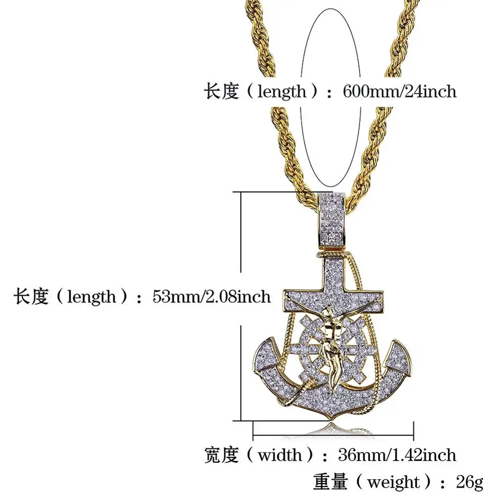 Hip Hop AAA Cubic Zirconia Paved Bling Ice Out INRI Crucifix Jesus Cross Anchor Rudder Pendants Necklaces for Men Rapper Jewelry