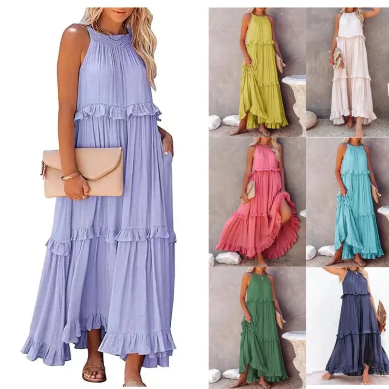 Women's Dress Sleeveless Round Neck Wooden Ear Edge Pullover Solid Loose Relaxed Summer Long Dress