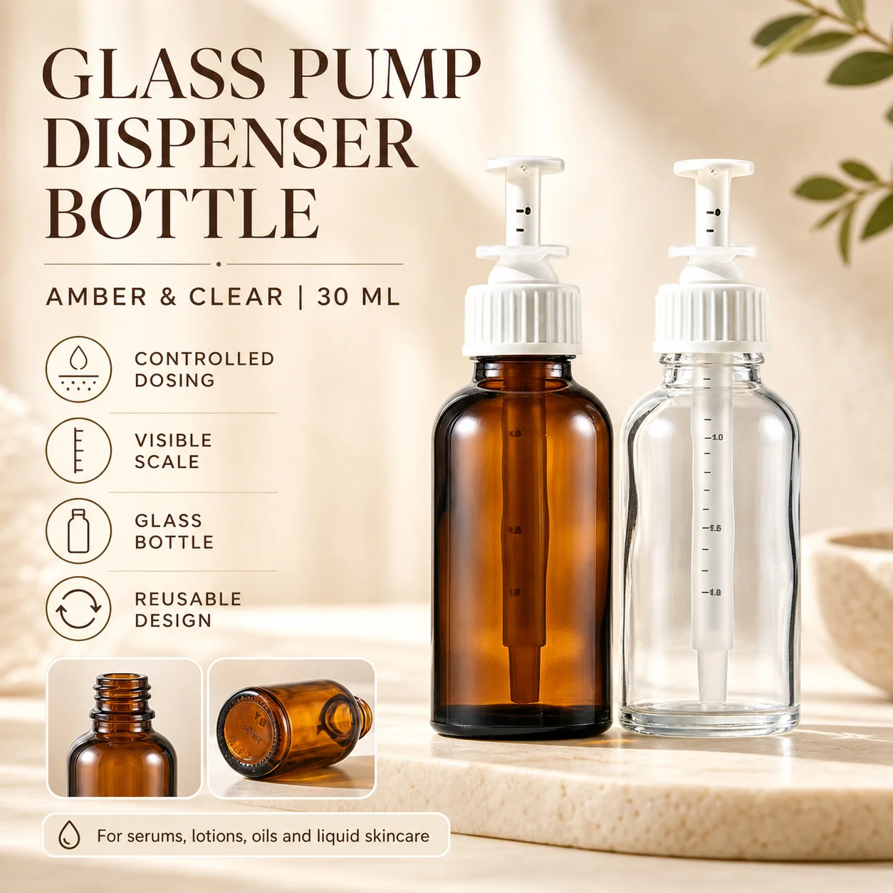

30ml Clear /Amber Glass Pump Bottles With Measurements Empty Refillable Dispensers For Serums Toner And Skincare Oils