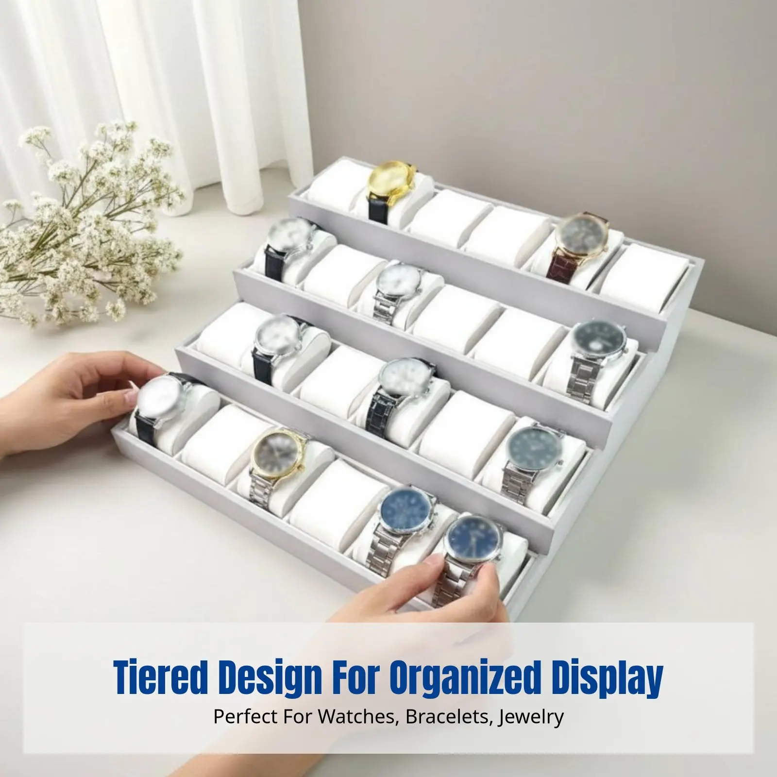 Tiered Jewelry Display Stand, Trapezoidal Watch & Bracelet Organizer, Multitier Pillow Tray for Streaming, Market Stall view 3