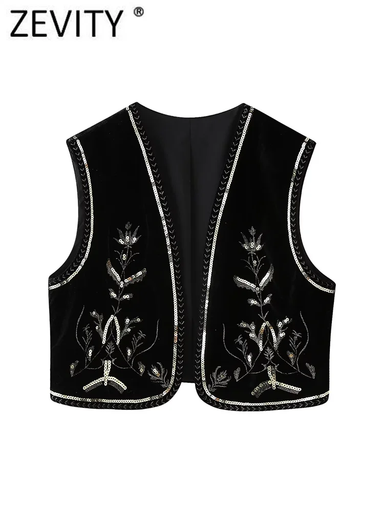 Zevity 2024 Women National Style Sleeveless Sequined Embroidery Velvet Vest Jacket Ladies Retro Cardigan WaistCoat Tops CT7158