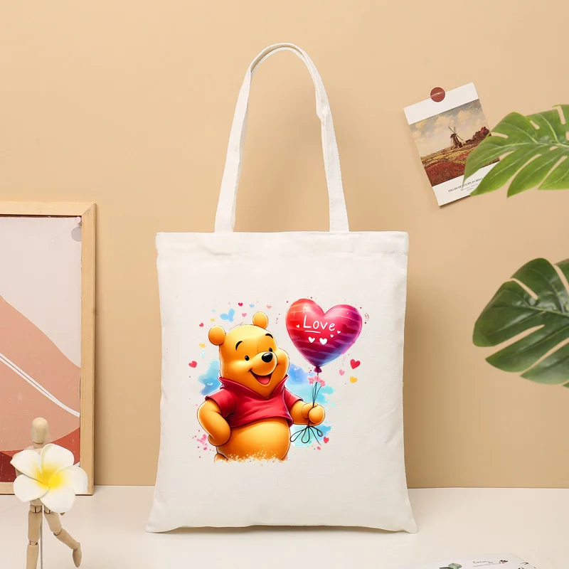 2024 Cute Winnie The Pooh Canvas Women\'s Shopping Handbag Ladies Cartoon Handbag Shopping Cotton Bag Girls Casual Shoulder Bag