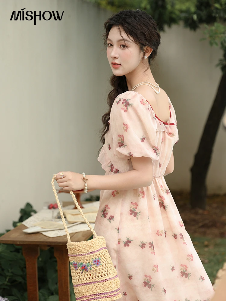 MISHOW Tea Break French Dress Women 2024 Summer Korean Floral Bubble Sleeve Dress Square Neck Lace-up Waist Dresses MXD31L1924