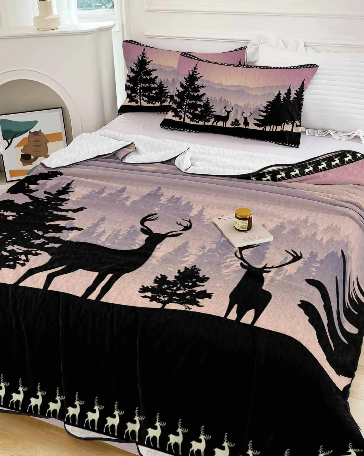 Forest Silhouette Deer Animal Moon Summer Cooling Quilt Air Condition Blanket Comfortable Lightweight Bedroom Thin Quilt