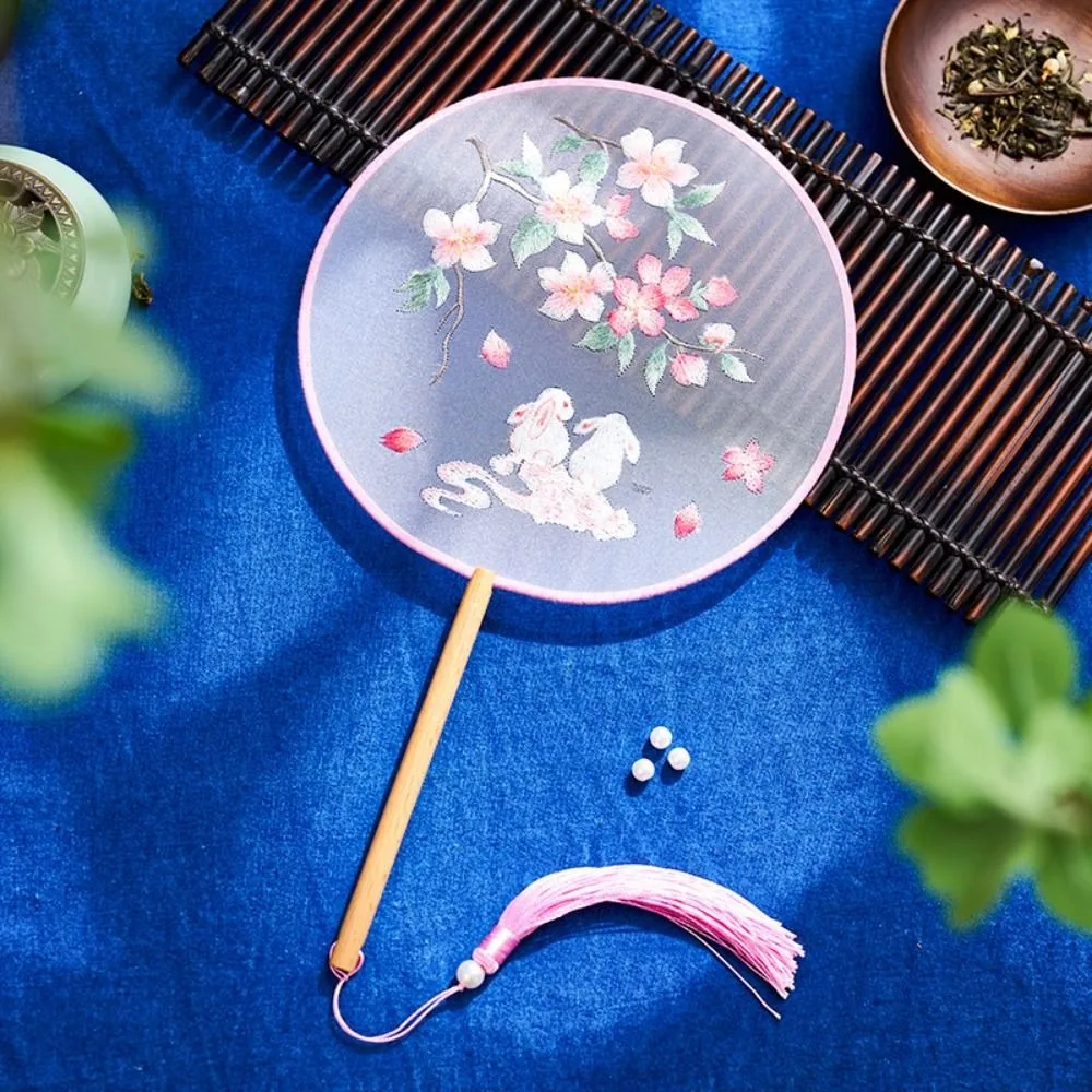 Double-sided Embroidery Hand Round Fan Bamboo Handle Floral Pattern Photography Props with Tassel Classical