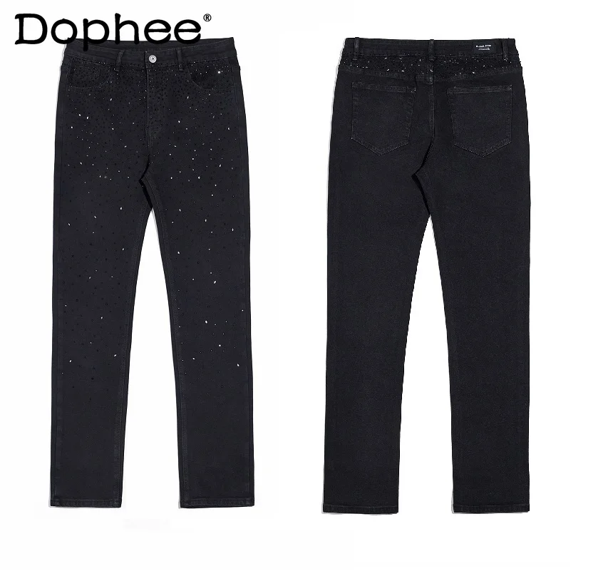 2024 Jeans High Street Straight Black Loose Hot Diamond Fashion Men's Trendy Jeans Long Denim Pants Male Zipper Denim Trousers