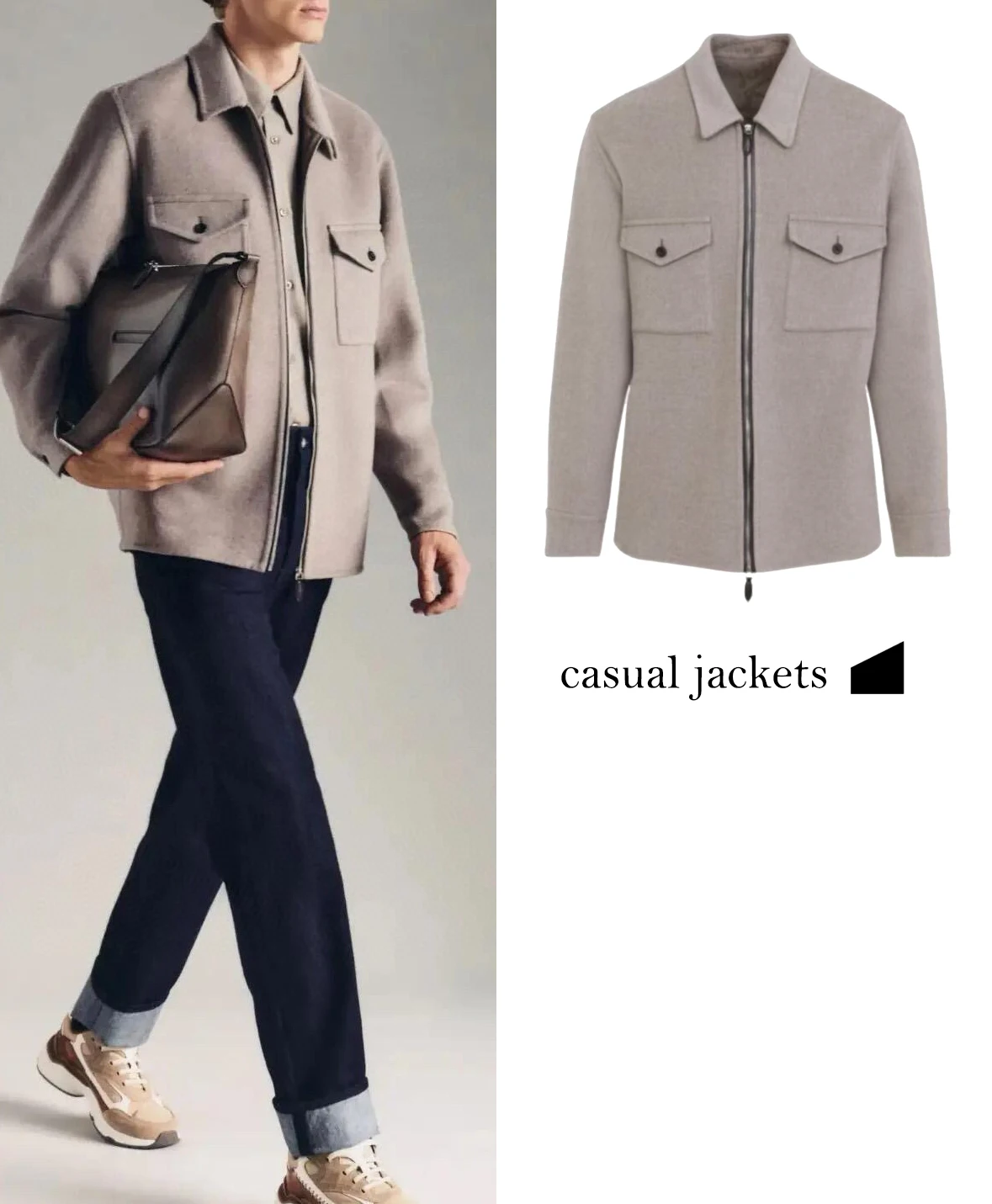 

FWRD Mens Business Style Light Gray Lapel Double Pocket Zipper Woolen Short Coat Light Grey Lapel Woolen Short Coat #FWRD0114