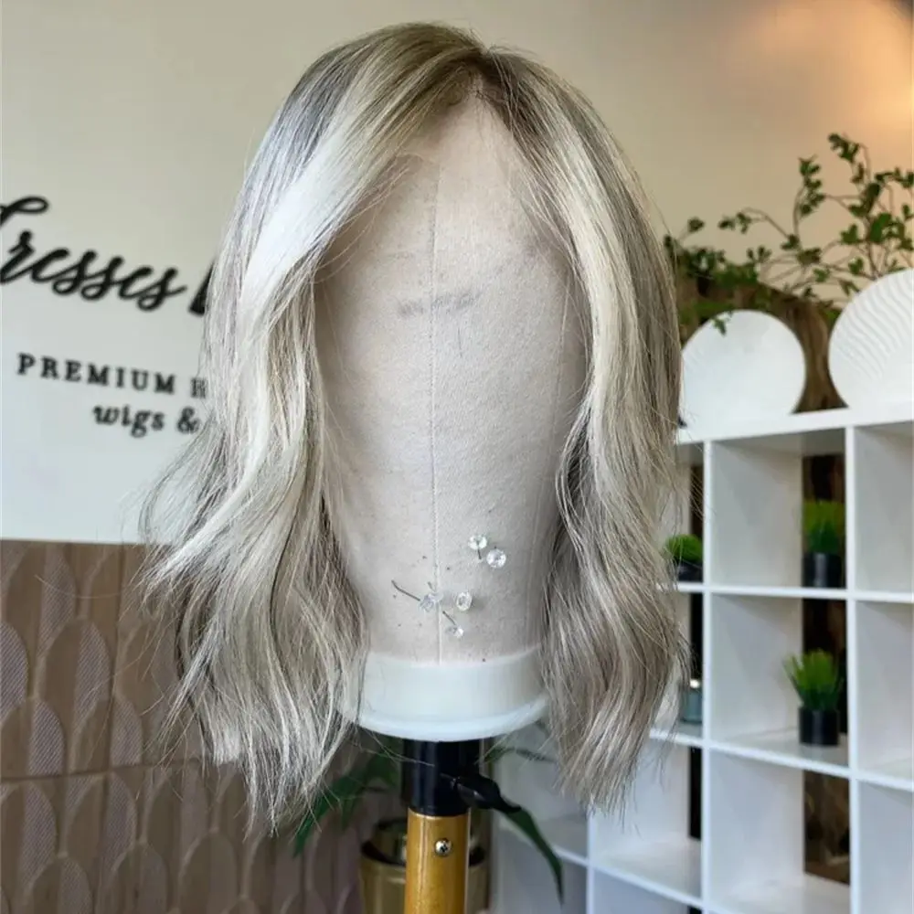 Ash Blonde Highlights Daily Wigs Short Loose Wave Wig Cosplay Party Wig Balayage Short Wavy Synthetic Lace Front Wig for Women