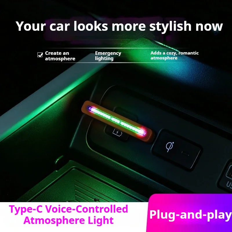 Mini USB‑C RGB Sound Activated Rhythm Light, Voice Pickup LED Ambient Lamp for Mobile Phone Car Interior Gaming Desk Decoration