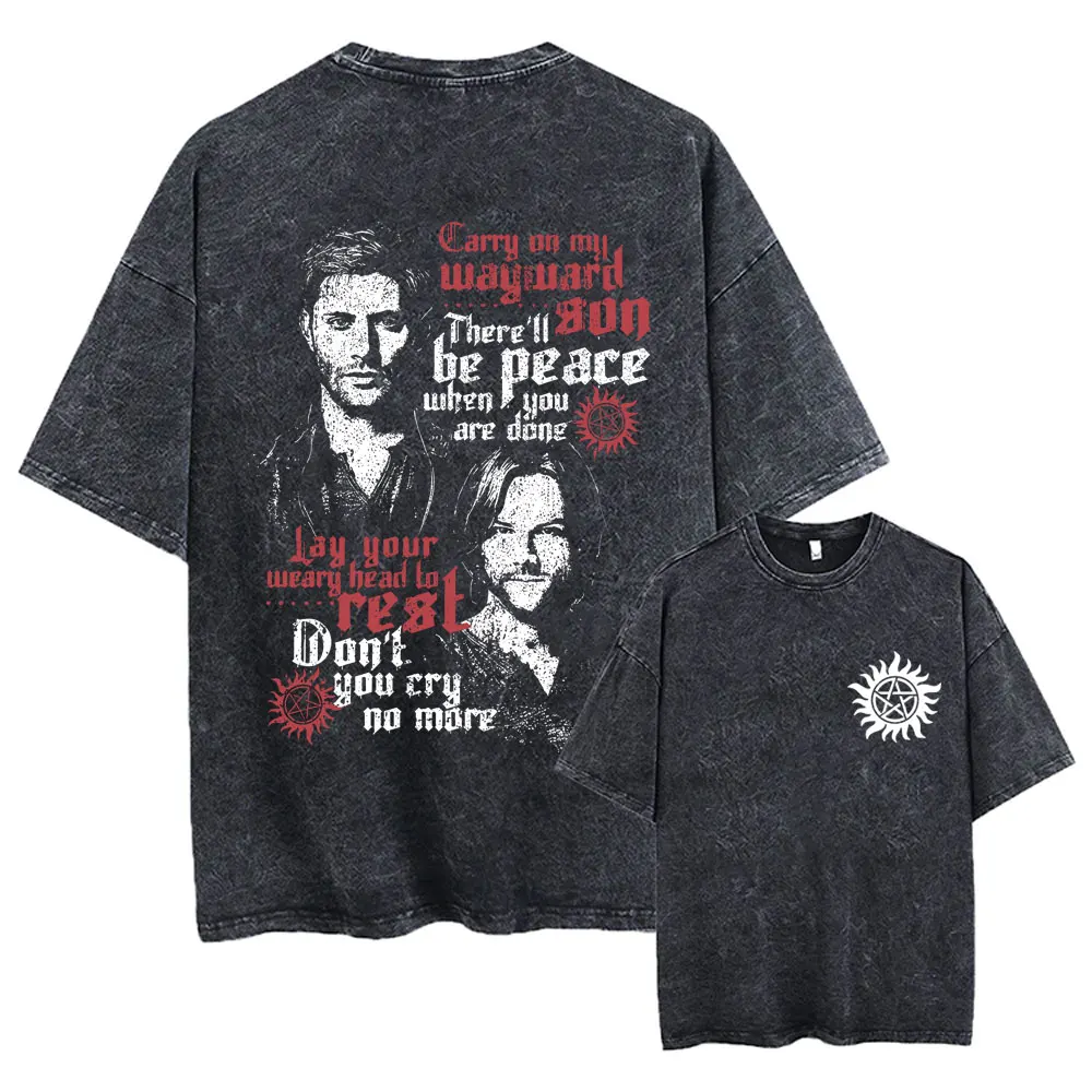 

Washed Vintage TV Series Supernatural Graphic T-shirt Men Women Clothing Gothic Retro Oversized Short Sleeve T Shirt Streetwear