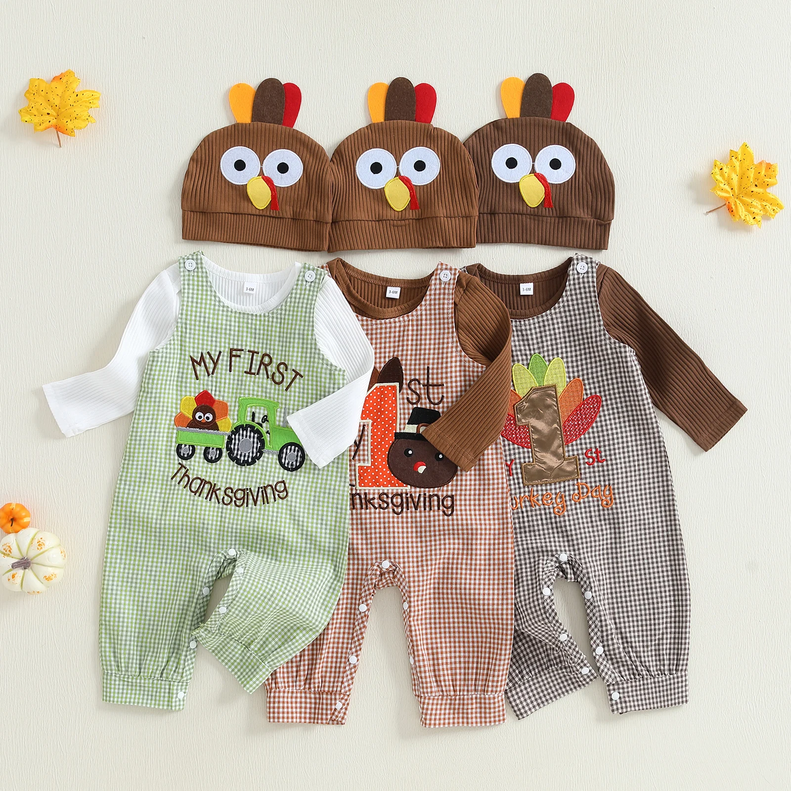 

Baby Boy Outfit Long Sleeve Romper with Plaid Overall Pants and Turkey Hat Thanksgiving Clothes