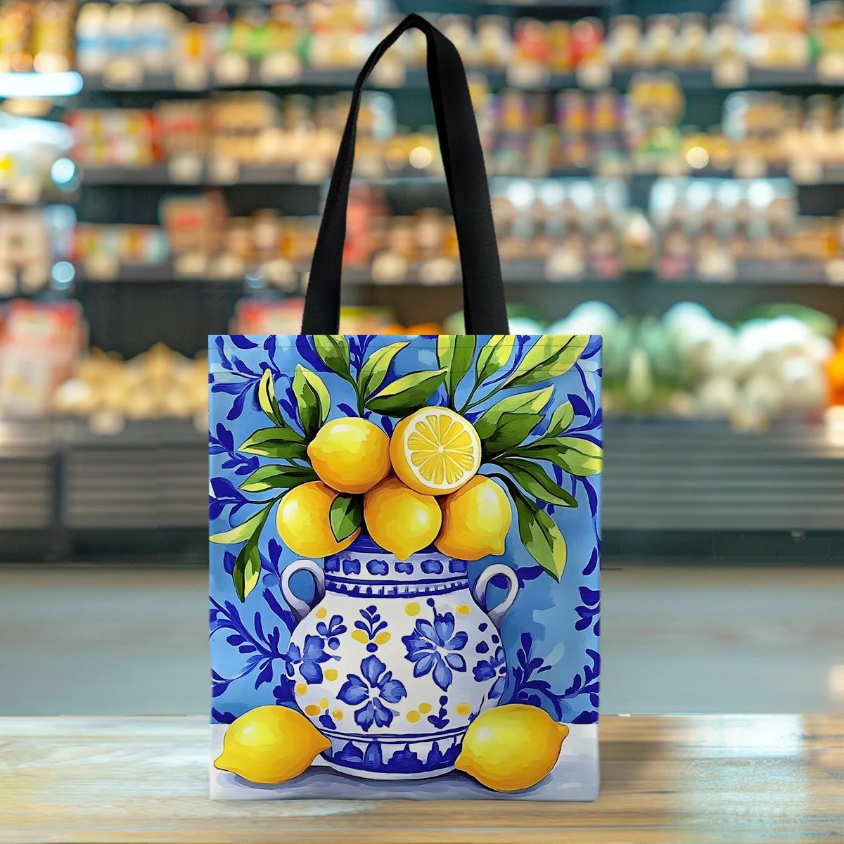 1 Stück stilvolle blau-weiße Blumen-Einkaufstasche mit Zitronengarten-Design, vielseitige Umhängetasche für Reisen, Einkaufen und den täglichen Gebrauch
