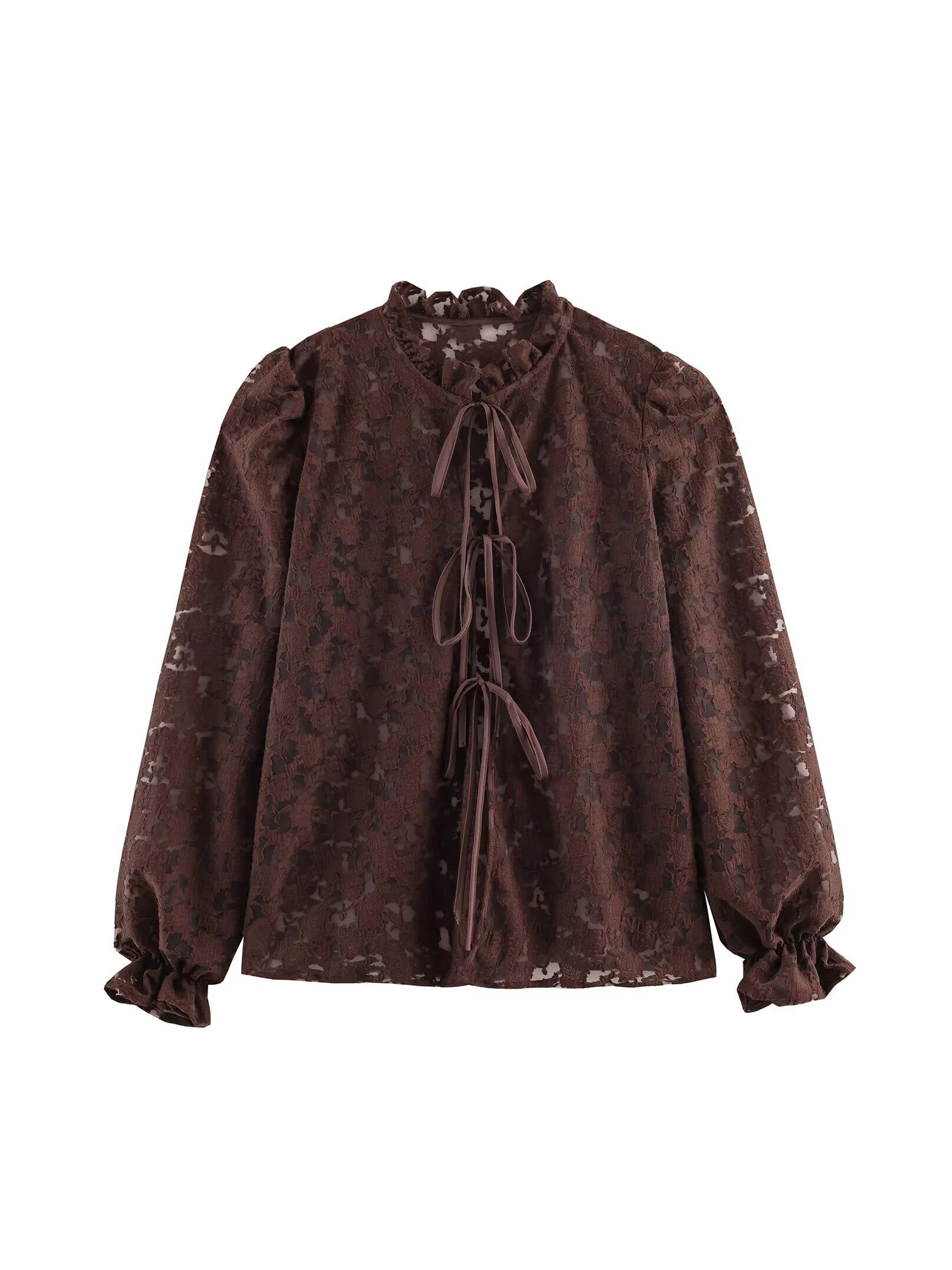 

Женские коричневые кружевные блузки и рубашки в корейском стиле, винтажные, элегантные, в стиле Y2K, с длинным рукавом, с круглым вырезом, оверсайз, весна 2026