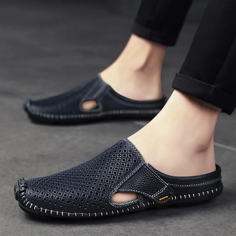 Half Shoes For Men Leather Mules Men Semi-Drag Casual Shoes Man Slides Backless Loafers Slippers Slip On Flats 2024