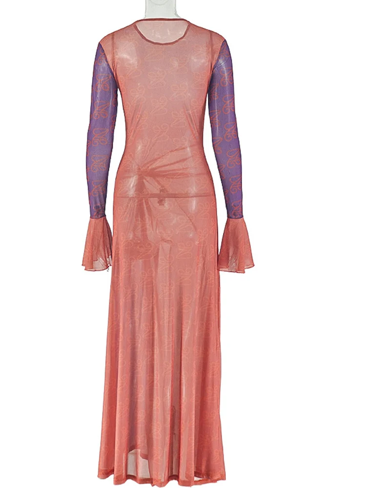 فستان ماكسي نسائي مثير من Kricesseen بقماش شفاف متدرج مطبوع بفتحة عالية وأكمام مضيئة وكفة ملتوية مكشكشة فستان ملهى ليلي #4