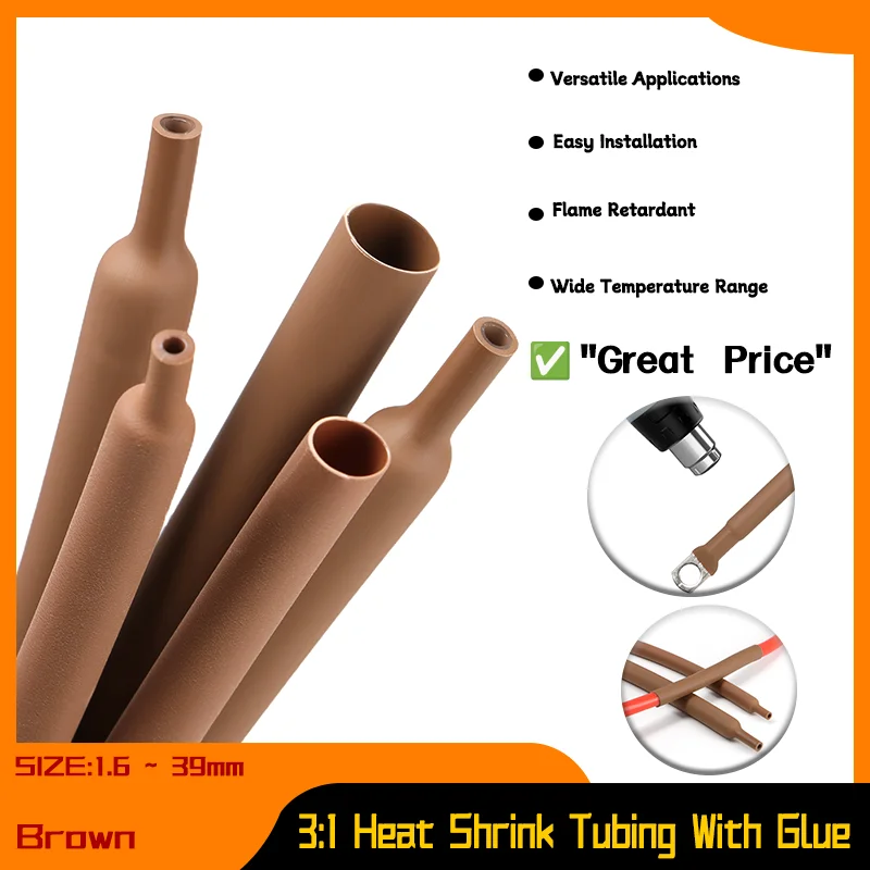 

Double Wall Adhensive Lined Wire Polyolefin Cable Sleeve Waterproof 1~20m Brown 1.6 ~ 39mm 3:1 Heat Shrink Tubing With Glue