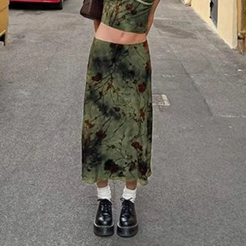 Harajuku Floral Print Long Skirt Vintage Low Rise Straight Midi Skirts for Women Spring Summer All-match Skirt Ladies Y2k