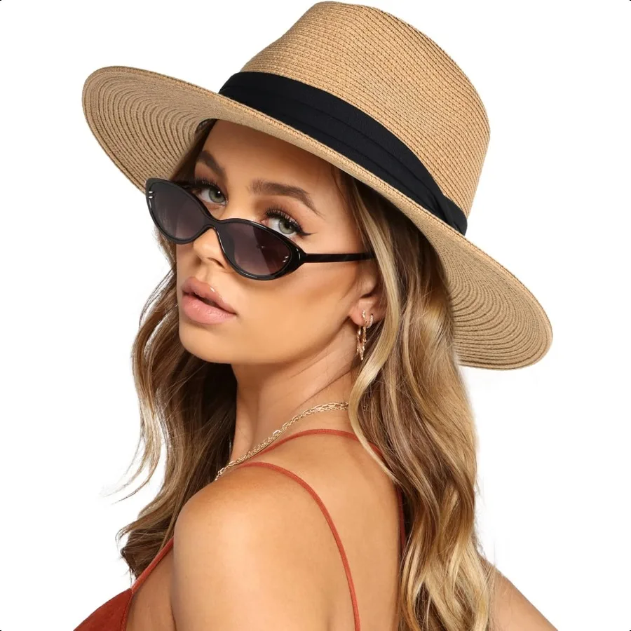 

FURTALK Womens Mens Wide Brim Straw Panama Hat Fedora Summer Beach Sun Hats UPF Straw Hat for Women