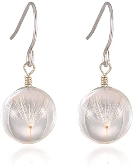 2pair Natural Dried Dandelion Seed 12MM Ball Hook Drop Earrings Handblown Glass Real Dandelion Seeds Earring