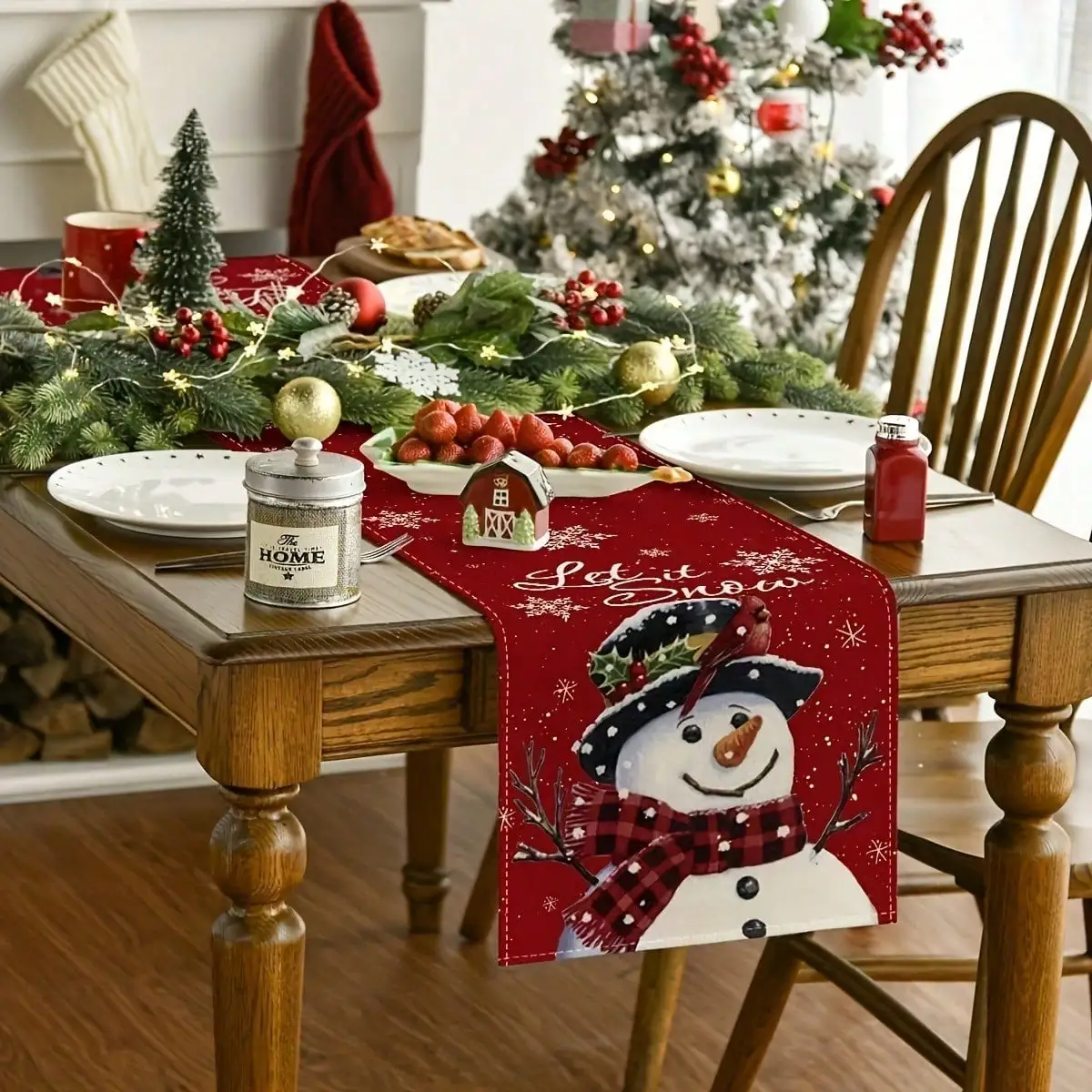 1pc, Linen Table Runner, Valentine'S Day Table Runner, Valentine'S Day Tree Snowman Pattern Table Cover, Valentine'S Day Atmospheric Table Runner, Holiday Desktop Decoration Fabric Table Runner, Home Decoration, Valentine'S Day Decor, Gift