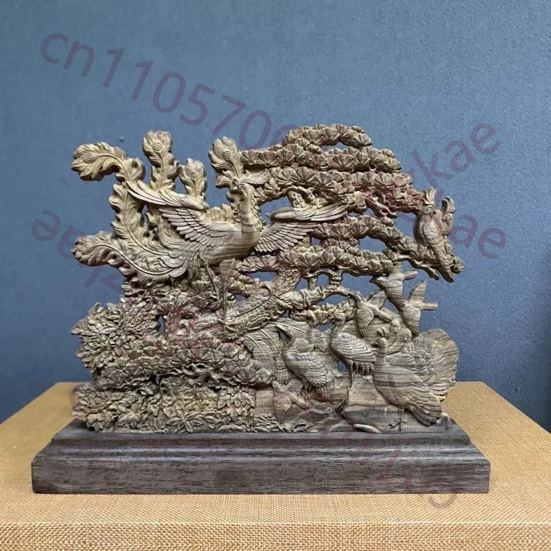 

Hand Carved Dark Wooden Hundred Birds Facing Phoenix Sculpture - Auspicious Ornament Home Office Decor Gift Collectible