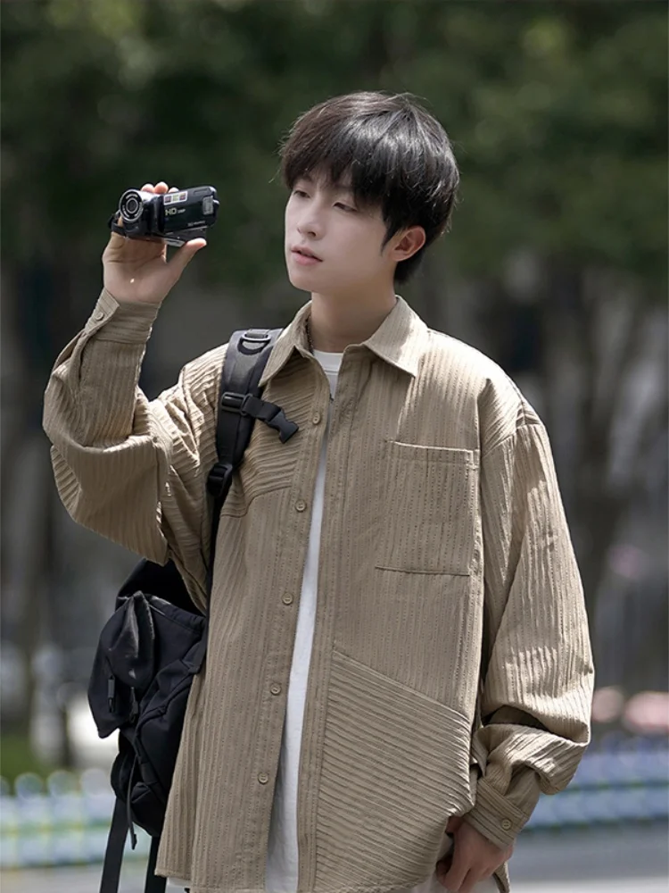 

Clean Cut Long Sleeve Casual Shirt for Men American Vintage Style Spring Fashion Outerwear Jacket Trendy Youth Culture