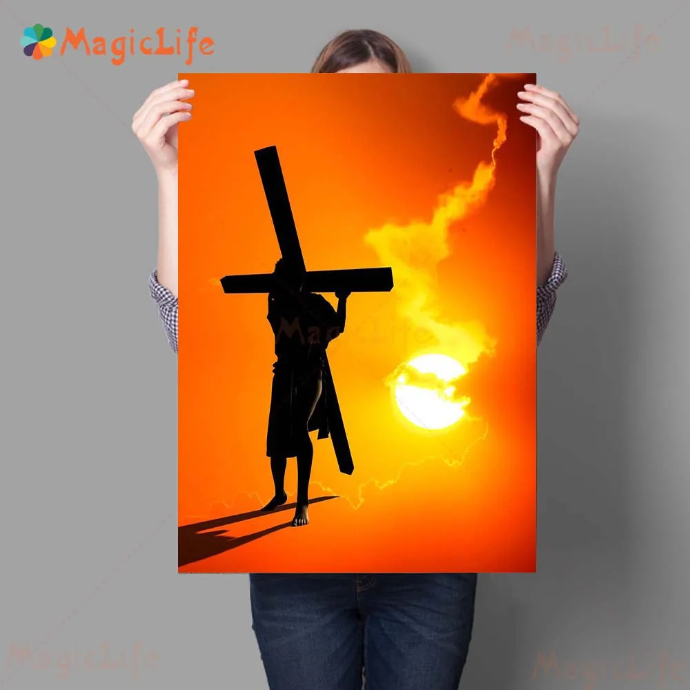 Christ And The Sheep Believe In God Wall Art Canvas Painting Christ Carrying The Cross At Sunset Art Poster And Print Home Decor