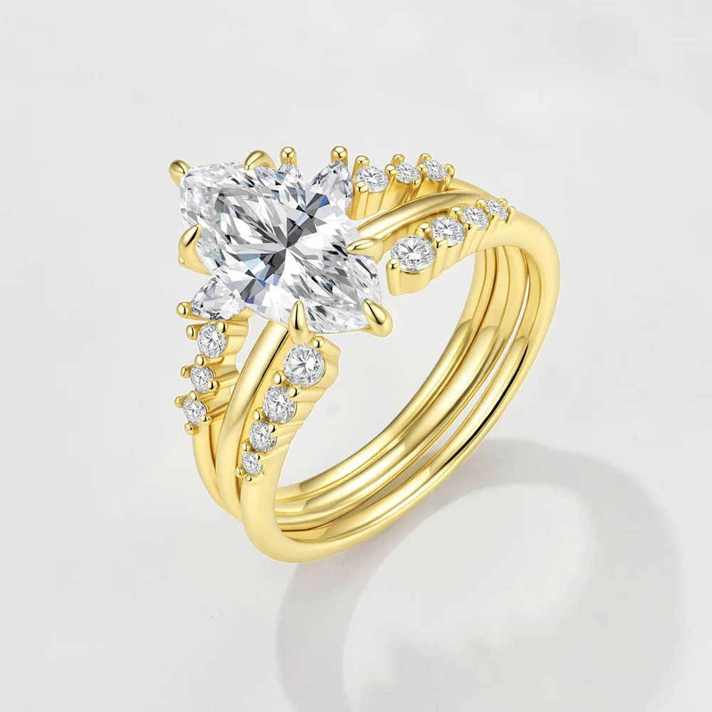 Dave&Di S925 Pure Silver 2-Carat D-Color Moissanite Ring for Women - European & American Light Luxury Crown Eye Shape Stackable