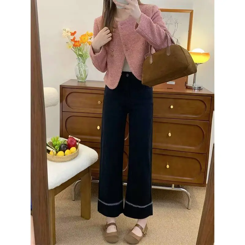 

Широкие джинсы с завышенной талией в стиле ретро, женские джинсовые брюки Faion с девятью очками, весенне-осенние брюки для похудения Pear Ape Body Conceal Meat