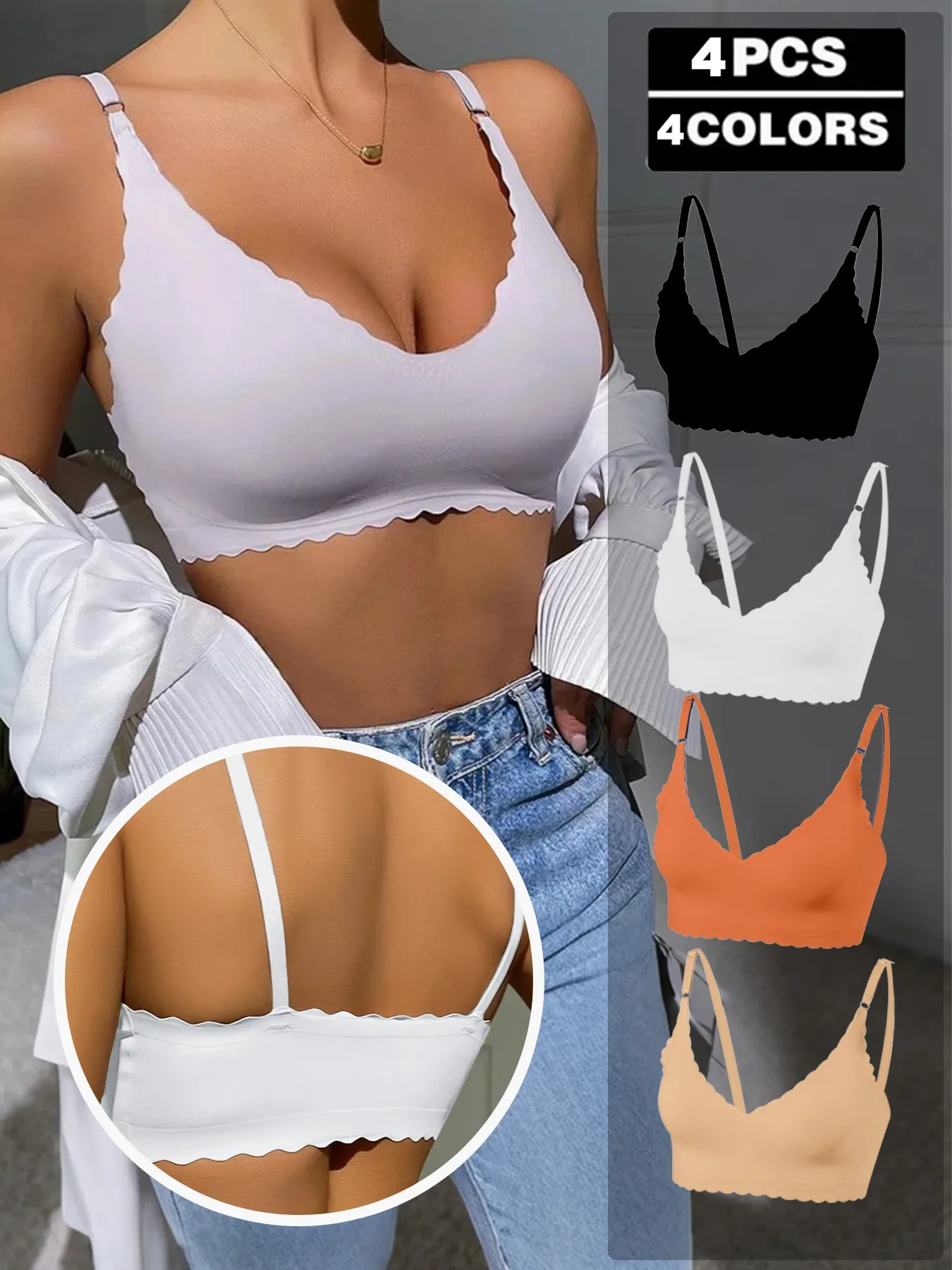 

4 Pack of Color Women's Sexy Backless Push-Up Bras U-Shape with Adjustable Straps Removable Padding Seamless Basic T-shirt Bra
