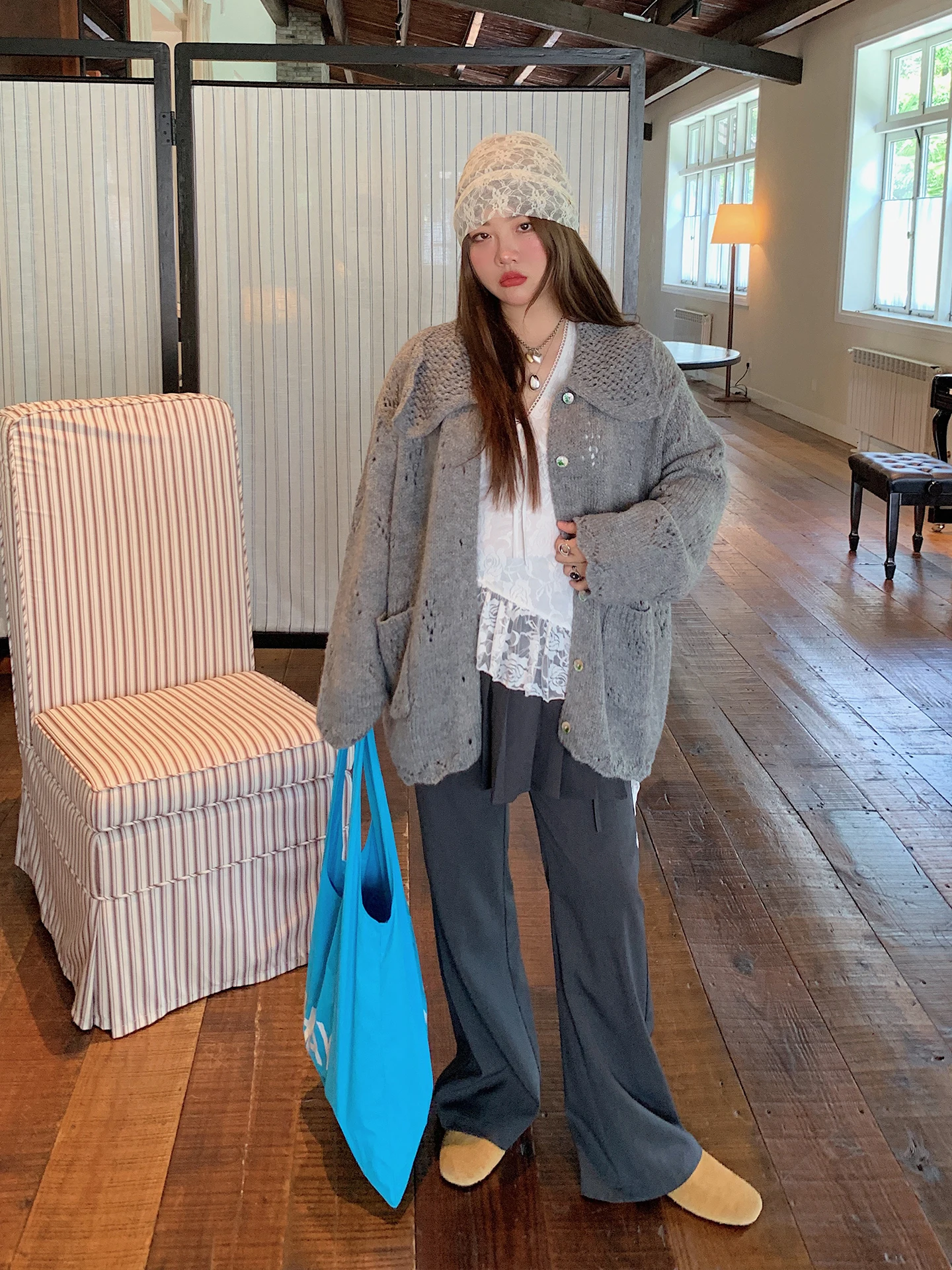 

Loose Women's ey Sweater with Doll Collar Lazy Sle Open Cardigan Autumn Winter New Arrival Comfortable Nylon Blend Long S...