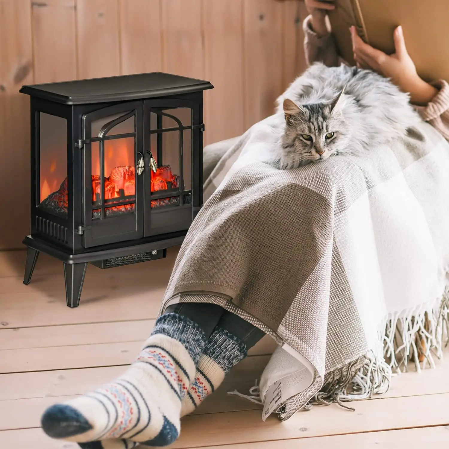 Electric Fireplace Heater, Freestanding Fireplace Stove with Realistic LED Log Flames and Overheating Safety Protection, 1400W,